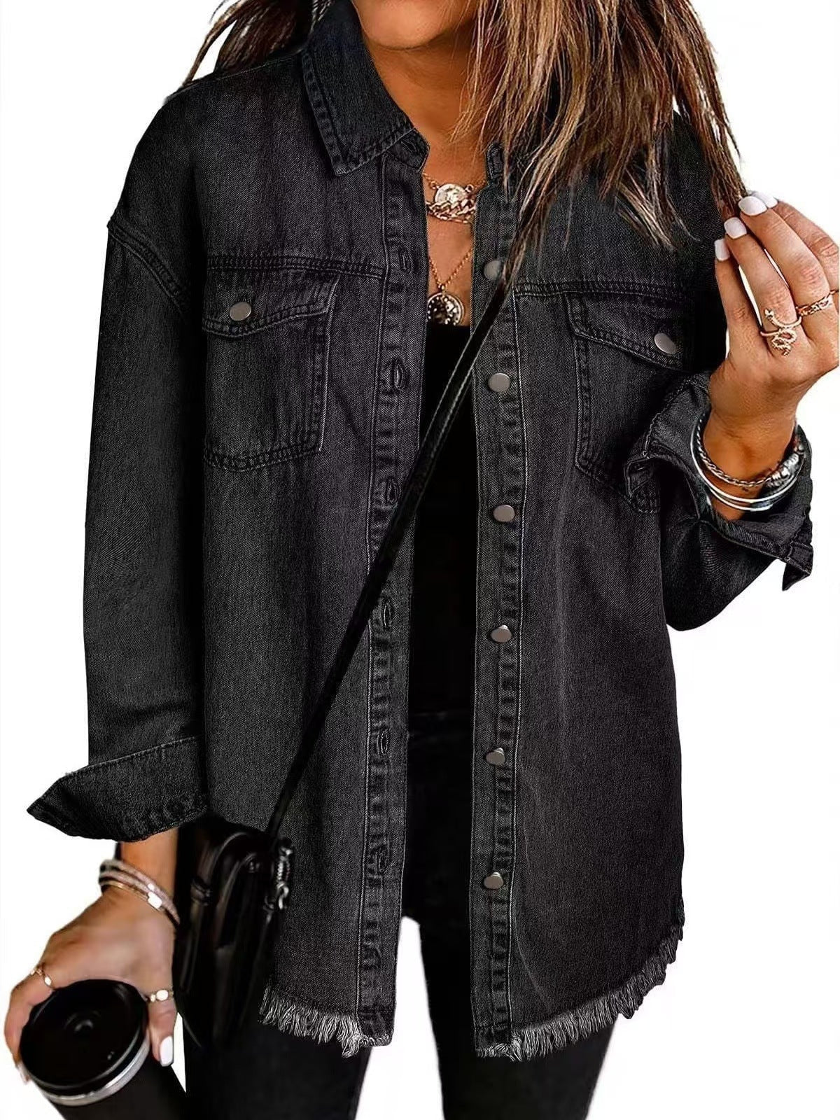 Wilda Oversized Jeansjacke im Mantel-Look mit Fransensaum