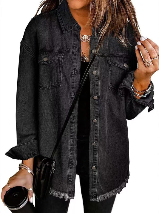 Wilda Oversized Jeansjacke im Mantel-Look mit Fransensaum