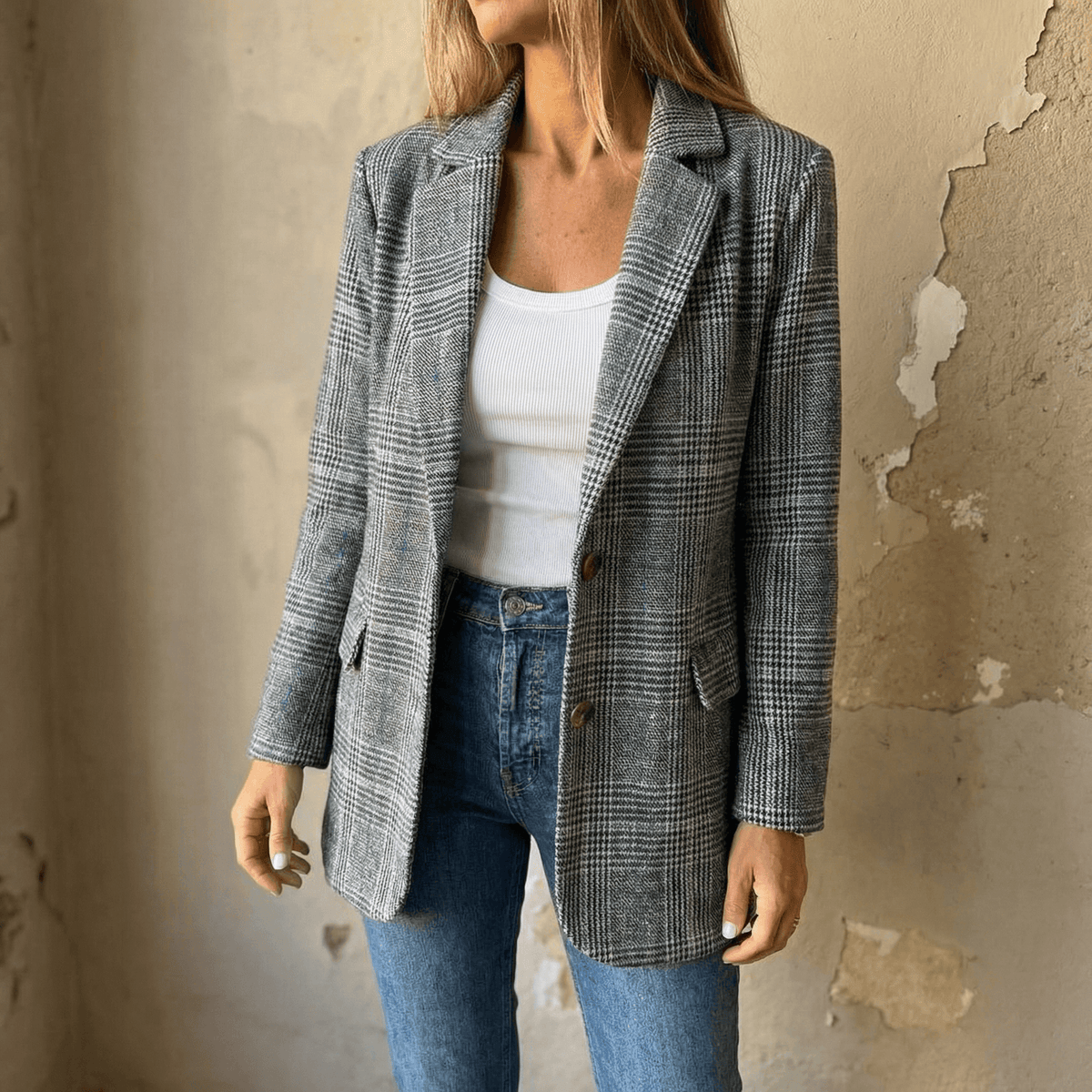 Ellara Lockerer Glencheck-Blazer mit Reverskragen aus Polyester-Webstoff für Damen
