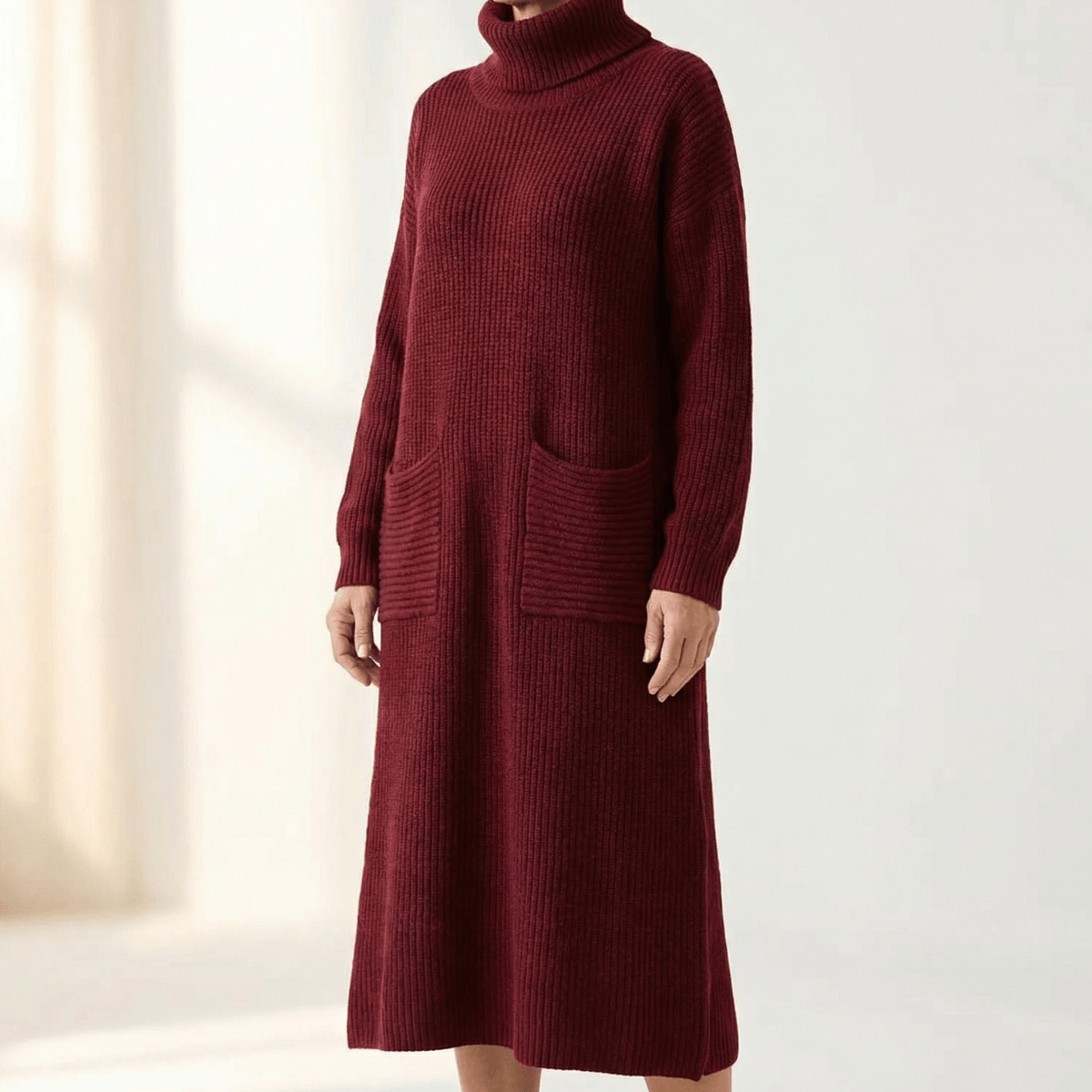 Velara Rollkragen Strickkleid Damen Übergrösse mit Taschen im Maxi-Schnitt