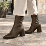 Spitze Damen Stiefeletten mit Blockabsatz und Reissverschluss