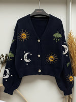 Bestickte Strickjacke Damen mit Sonne Mond Sterne Motiven