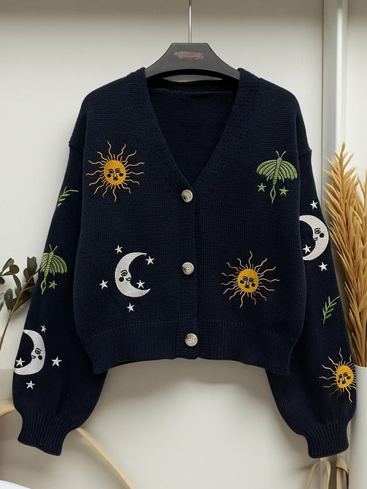 Bestickte Strickjacke Damen mit Sonne Mond Sterne Motiven