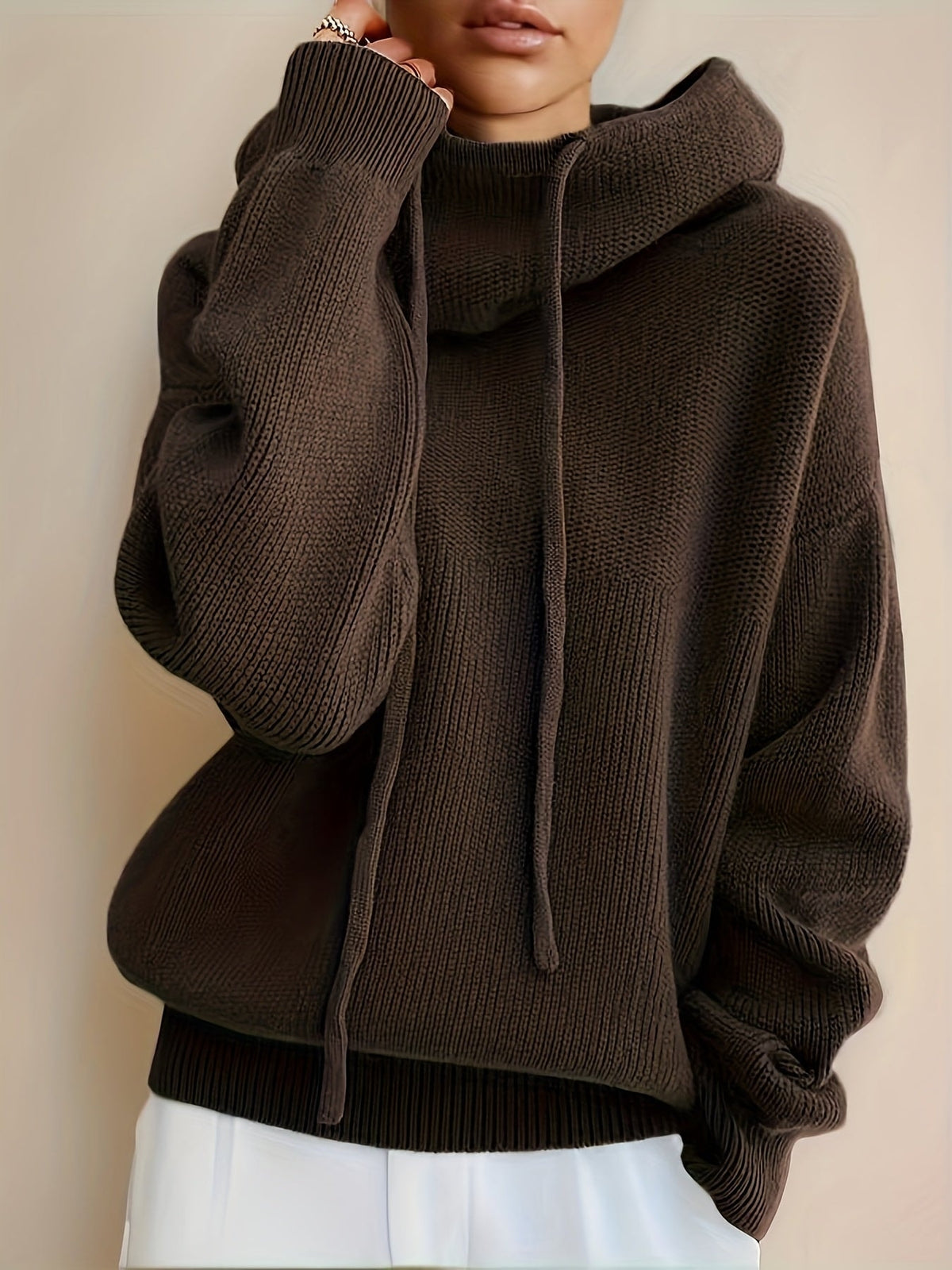 Oversize Strick-Kapuzenpullover Damen mit Kordelzug und Rippbündchen