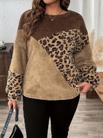 Farbblock Flauschiger Damen-Pullover mit Leopardenmuster und Rundhalsausschnitt
