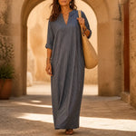 Gestreiftes Boho V-Ausschnitt Maxikleid mit Taschen und Langarm
