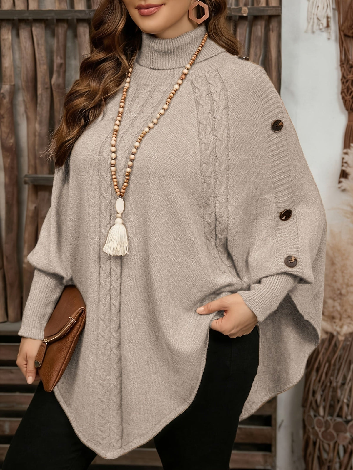 Poncho Pullover mit Rollkragen Zopfmuster und Knopfleiste für Damen