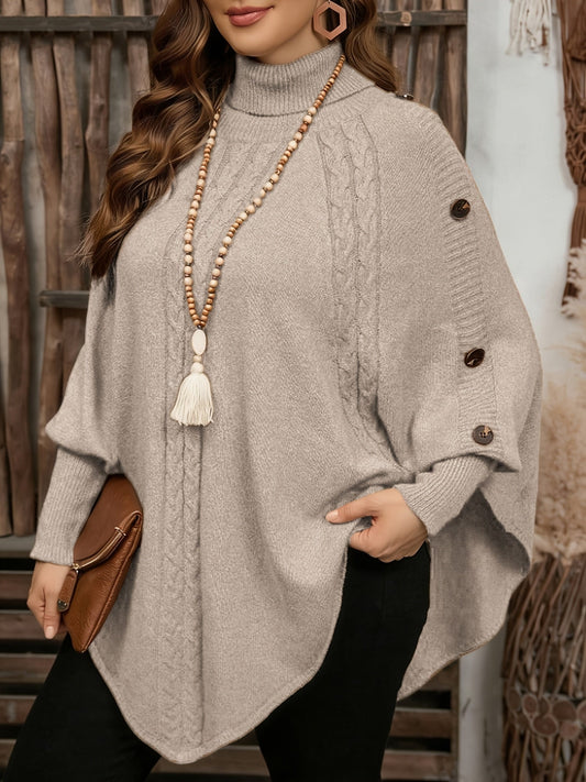 Poncho Pullover mit Rollkragen Zopfmuster und Knopfleiste für Damen