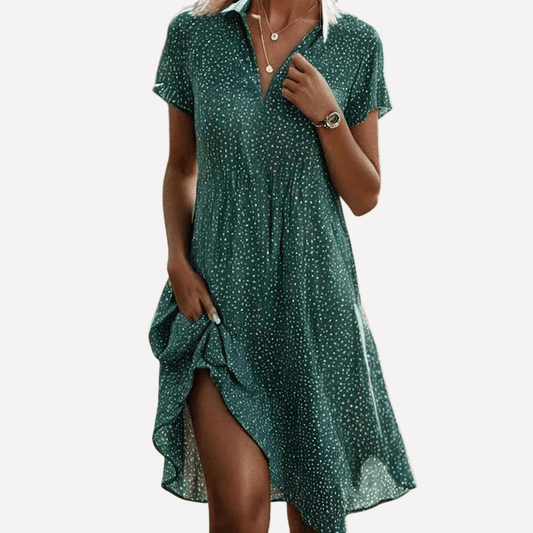 Gepunktetes Kurzarm-Hemdkleid im Midi-Schnitt für Damen im Herbst