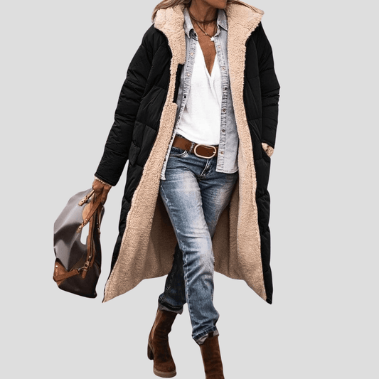 Wendbare Winterjacke Damen Lang mit Teddyfutter und Kapuze