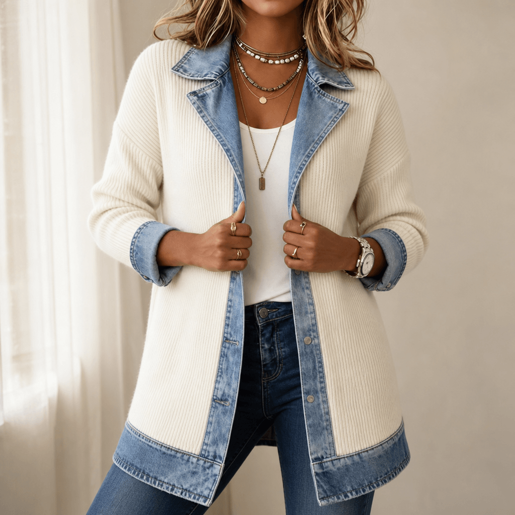 Strickjacke mit Denim-Paneelen und gerippter Struktur