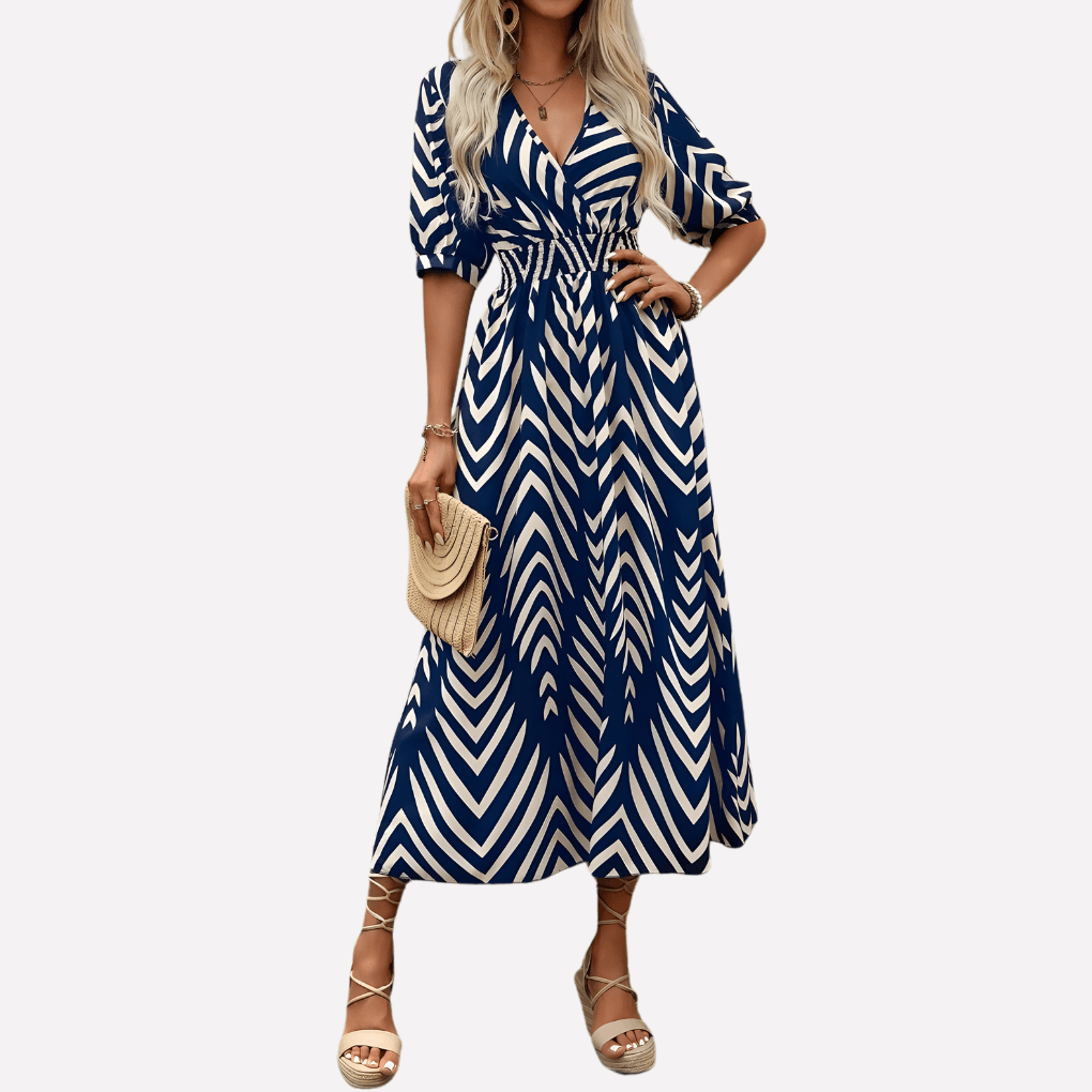 Zickzack-Print Damenkleid mit überlappendem V-Ausschnitt und Puffärmeln für den Herbst