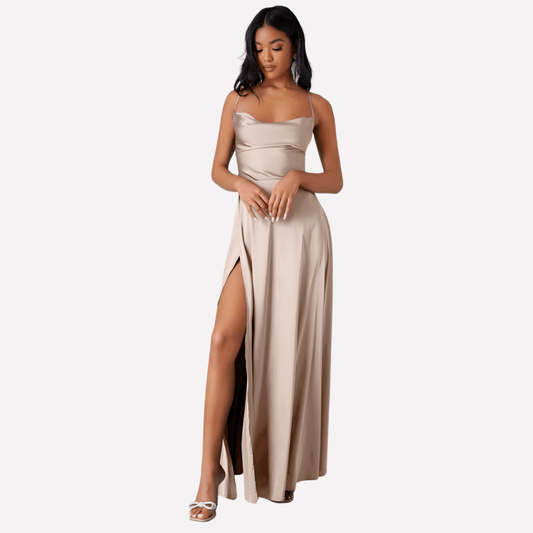 Rückenfreies Satin-Maxikleid für Damen mit Hohem Seitenschlitz für den Herbst