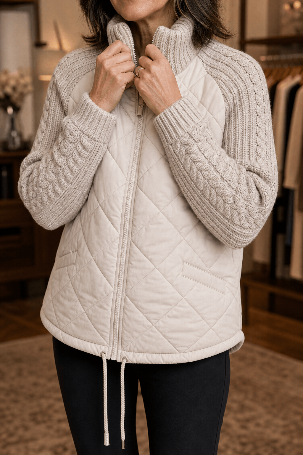 Damen Steppjacke mit Strickbesatz an Bund Ärmeln und Kragen im Patchwork-Design