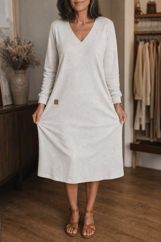 Curvella A-Linien Strickkleid mit V-Ausschnitt Midi für Damen