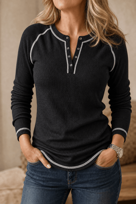 Damen Waffelstrick Henley Shirt mit Kontrastnähten