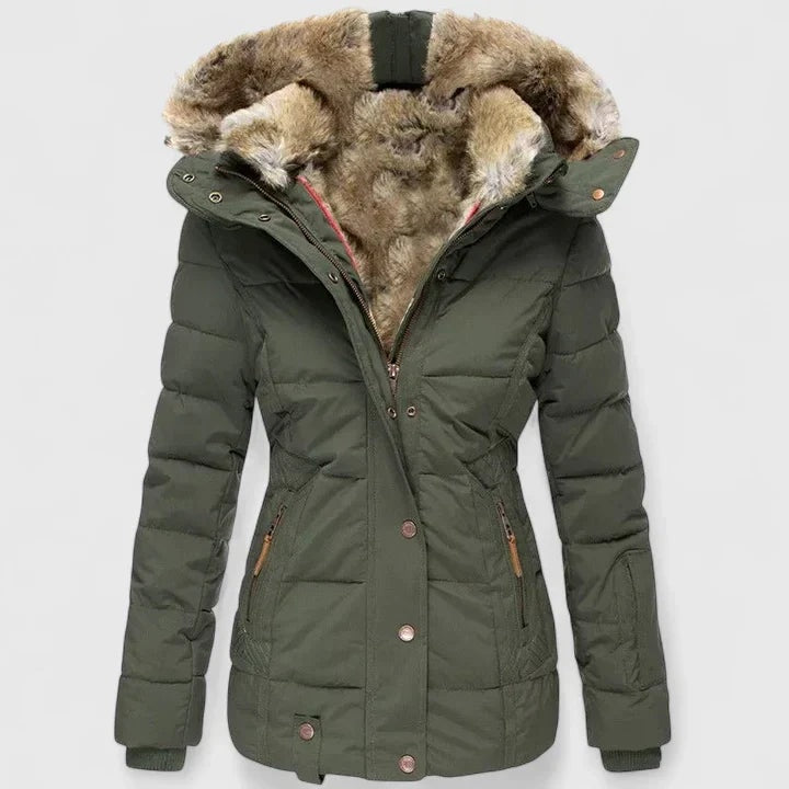 Gefütterte Damen Steppjacke mit Kapuze und Kunstfellkragen