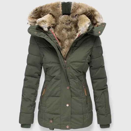 Gefütterte Damen Steppjacke mit Kapuze und Kunstfellkragen