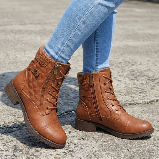 Damen Schnürstiefeletten mit Quilt-Optik und Blockabsatz