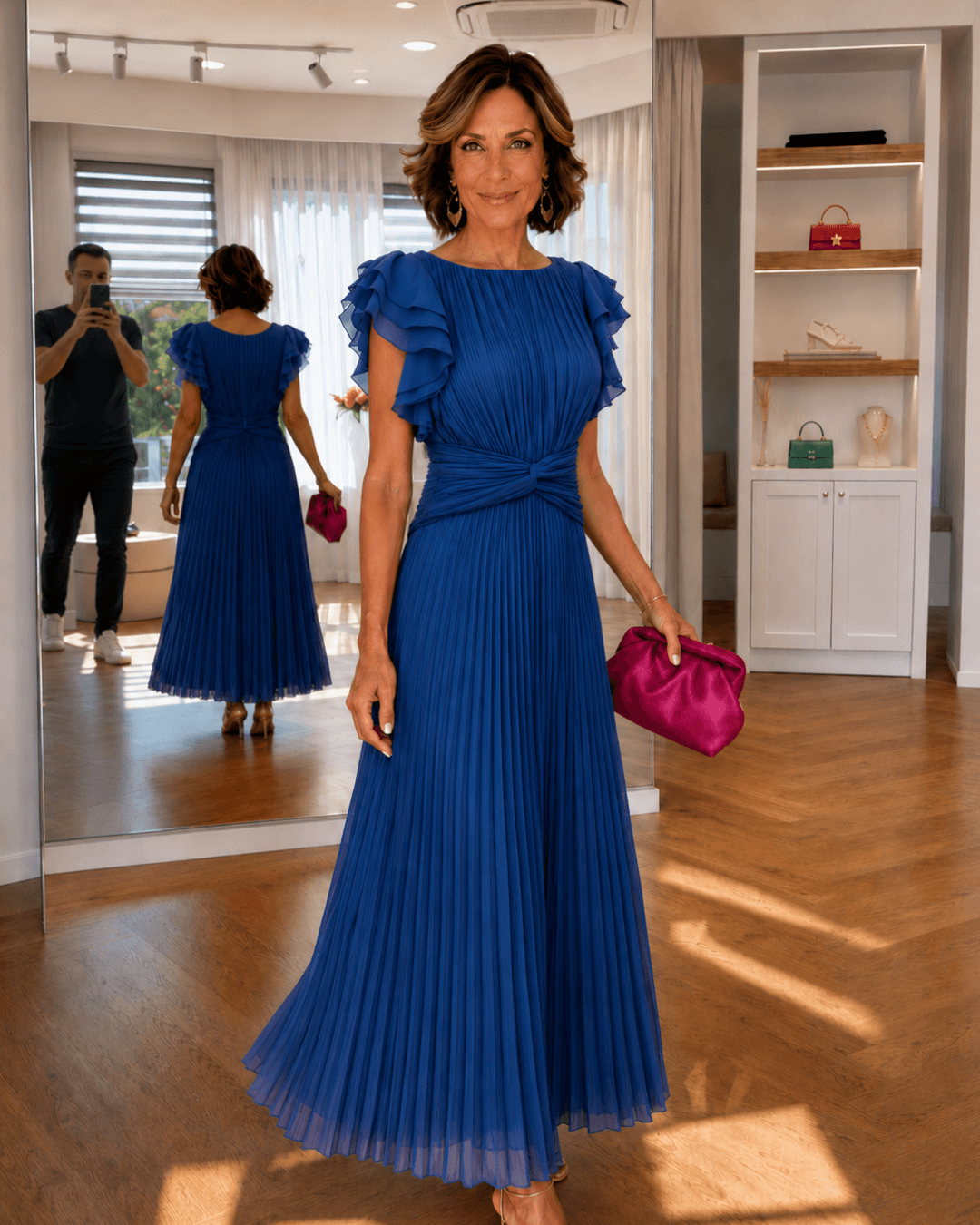 Plissiertes Maxikleid mit Rüschenärmeln für Damenabendanlässe