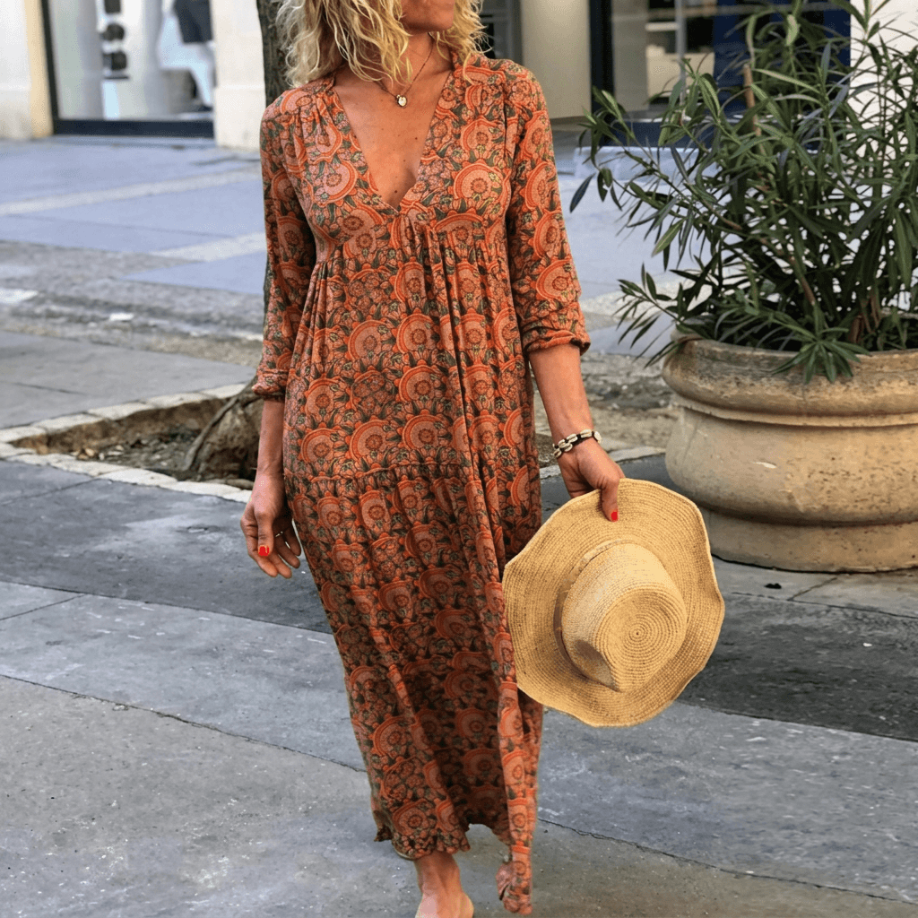 Übergrössen Maxikleid mit V-Ausschnitt und Print für den Herbst