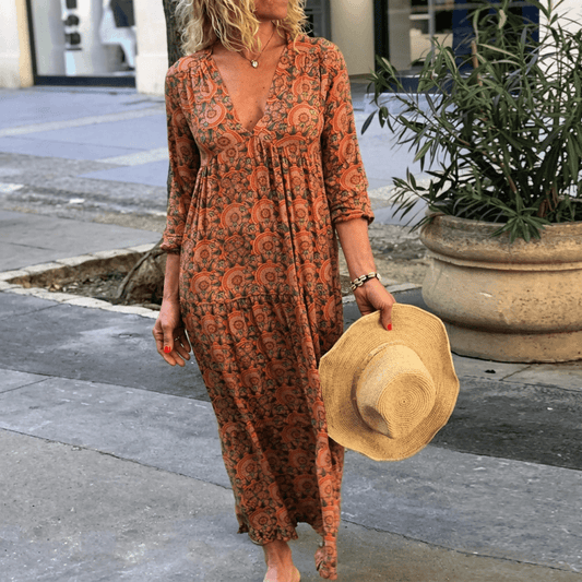 Übergrössen Maxikleid mit V-Ausschnitt und Print für den Herbst