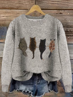 Grobstrick Rundhals Damenpullover mit Katzen-Motiv und Rippbündchen
