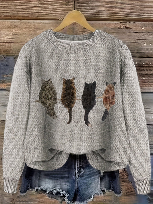 Grobstrick Rundhals Damenpullover mit Katzen-Motiv und Rippbündchen