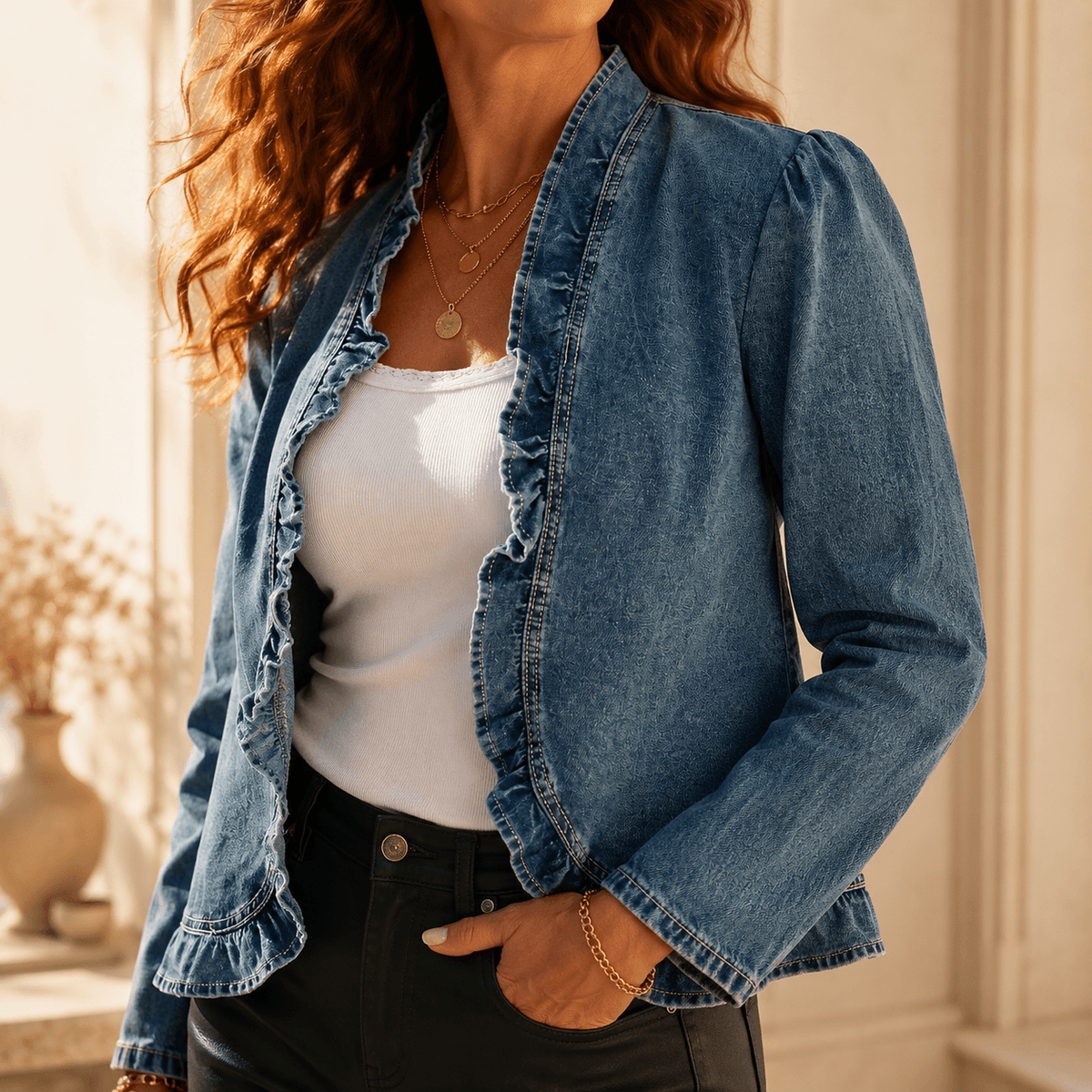Maelyn Rüschenbesetzte Jeansjacke mit offenem Vorderteil