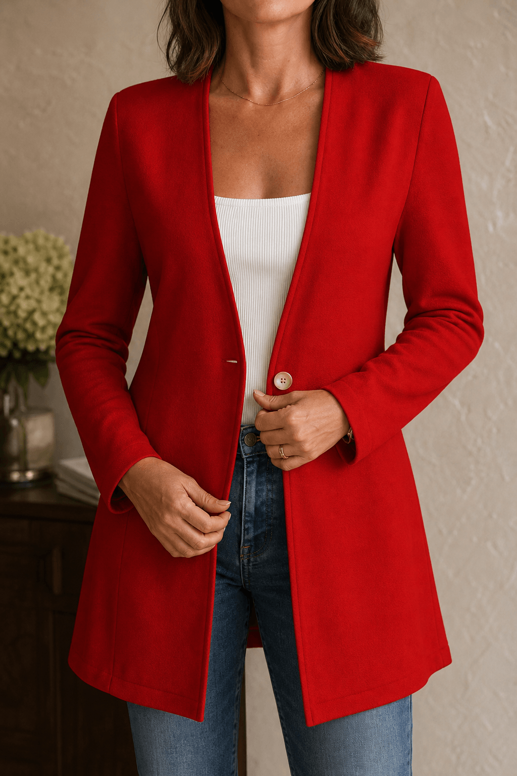 Linevalle Langer Blazer mit V-Ausschnitt und Einknopfverschluss für Damen aus Polyester