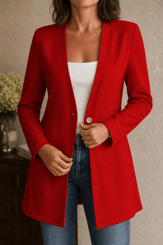 Linevalle Langer Blazer mit V-Ausschnitt und Einknopfverschluss für Damen aus Polyester