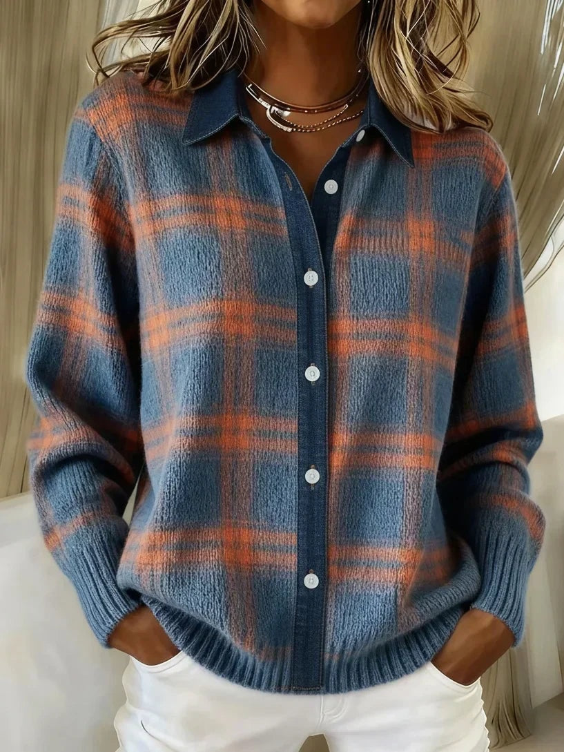 Sarah Karierte Strickjacke mit Knopfleiste für Damen im Longline-Schnitt
