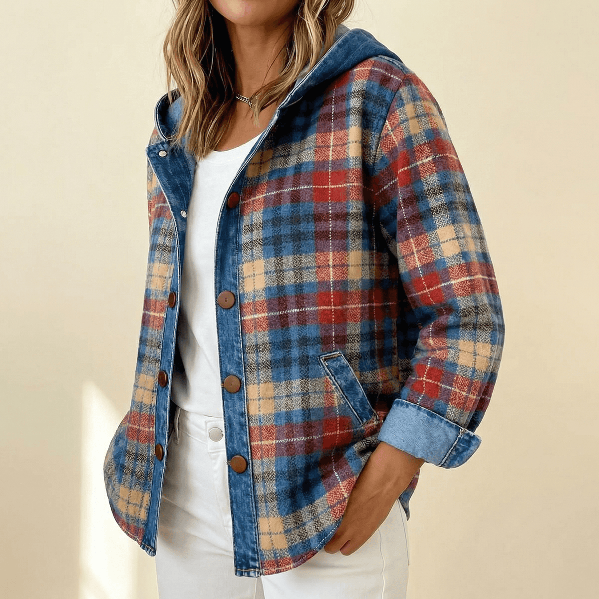 Weslyn Karierte Hemdjacke mit Kapuze und Denim-Kontrast
