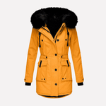 Warme Damen-Winterjacke aus Baumwollmischgewebe mit Kapuze und Klapptaschen