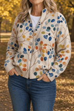 Botanischer Strick-Cardigan mit durchgehendem Reissverschluss für Damen