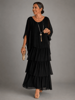 Gestuftes Chiffon-Maxikleid mit Fliessendem Cape-Ärmel und Weitem Schnitt