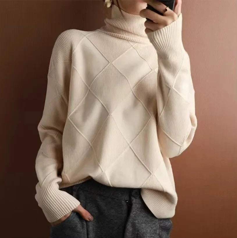 Rollkragenpullover Damen Baumwolle mit Rautenstrickmuster und Taillierter Passform
