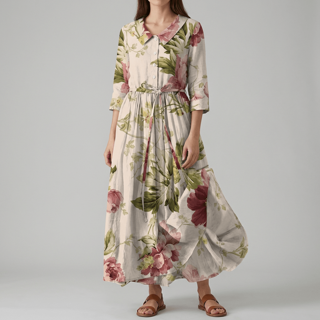 Blumiges Maxikleid mit Hemdkragen und 3/4-Arm für den Herbst