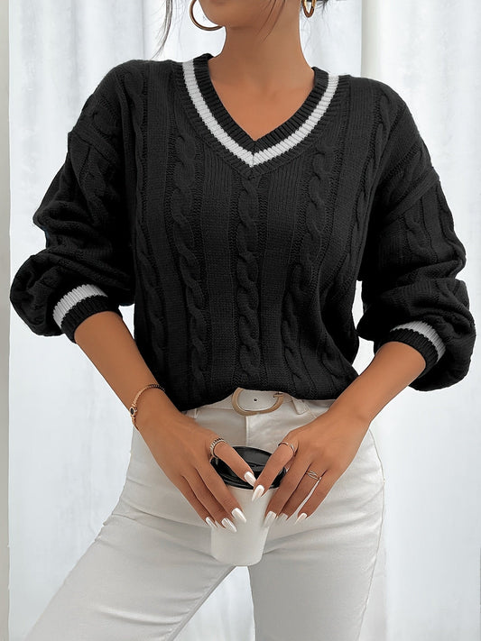 Damen Norweger-Pullover mit Zopfmuster V-Ausschnitt Kontraststreifen
