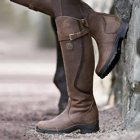 Cataleya Damen Kniehohe Lederstiefel mit Schnallenriemen