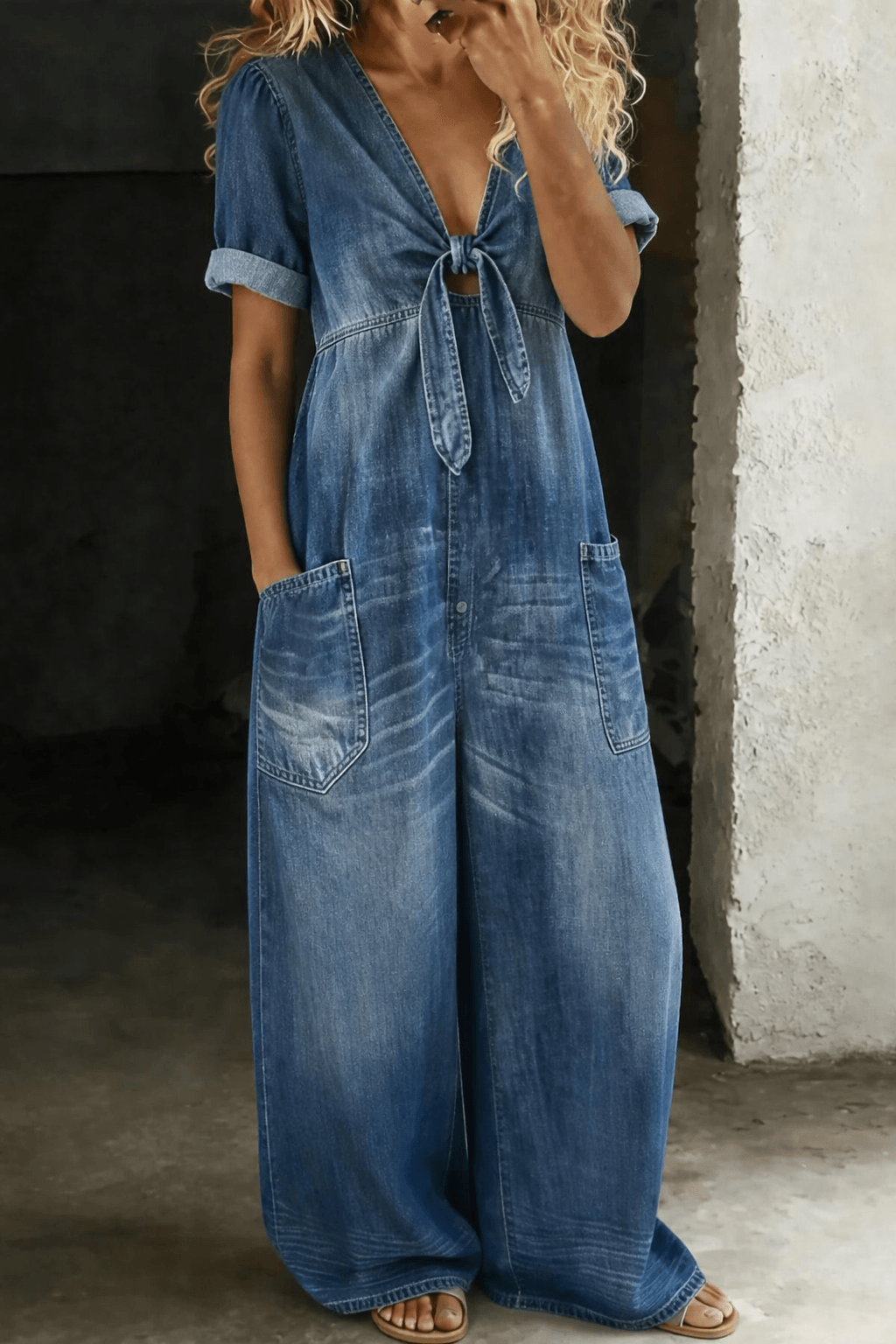 Maya Denim-Jumpsuit mit V-Ausschnitt und Bindeknoten