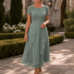 Blumen-Midikleid für Damen aus Spitze mit Chiffon-Rock und kurzen Ärmeln