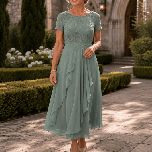 Blumen-Midikleid für Damen aus Spitze mit Chiffon-Rock und kurzen Ärmeln