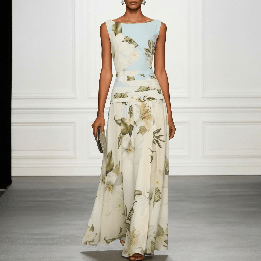 Blumen Maxikleid Ärmellos mit V-Ausschnitt für den Herbst
