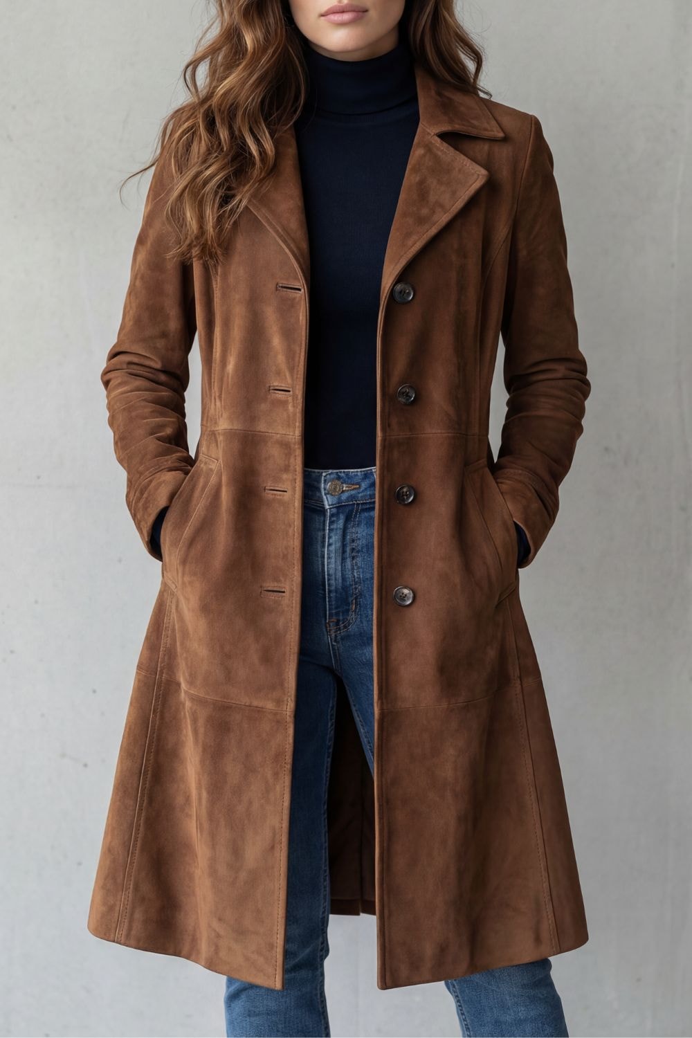 Langer Damenmantel im Wildleder-Look mit Taillenformung