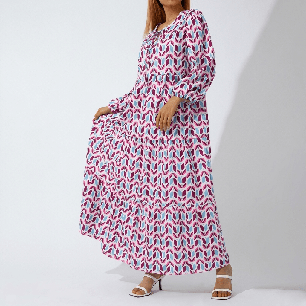 Bedrucktes Maxikleid mit V-Ausschnitt und langen Ärmeln für den Herbst
