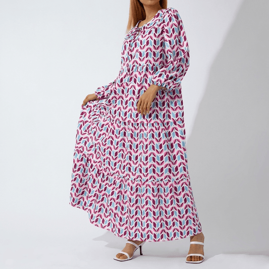 Bedrucktes Maxikleid mit V-Ausschnitt und langen Ärmeln für den Herbst