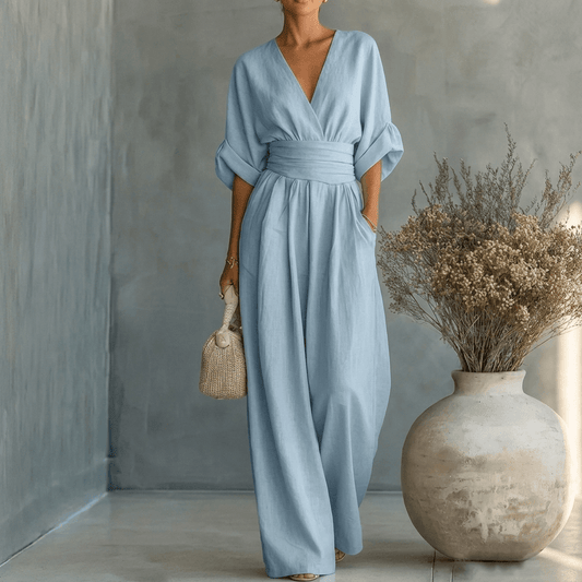Eleganter Jumpsuit mit V-Ausschnitt und weitem Bein für den Herbst
