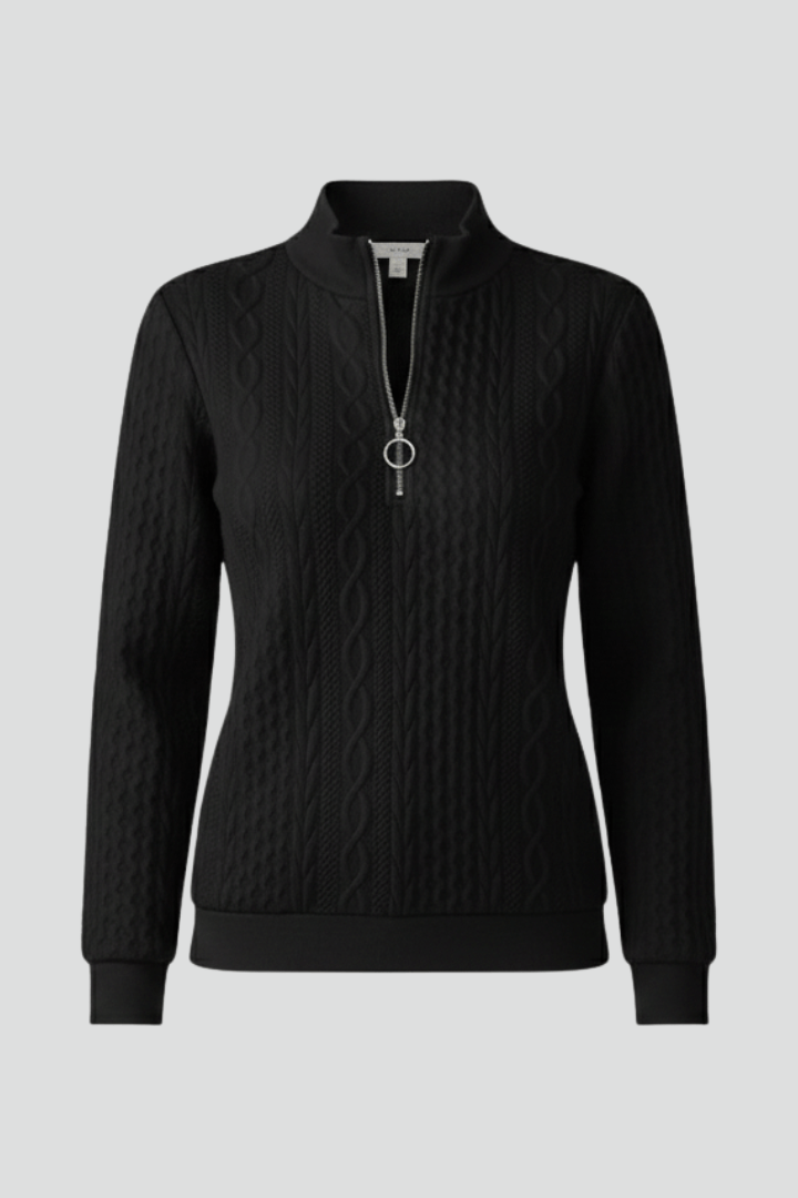 Zopfmuster Damen Pullover mit Reissverschlusskragen und Struktur