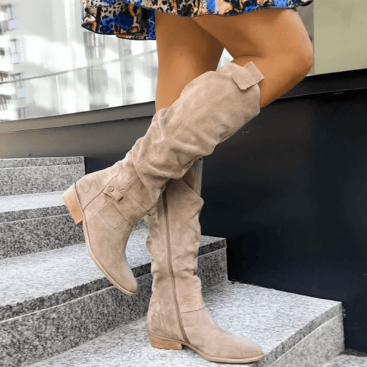 Kniehohe Wildleder-Stiefel mit Schnalle für Damen im Casual-Stil
